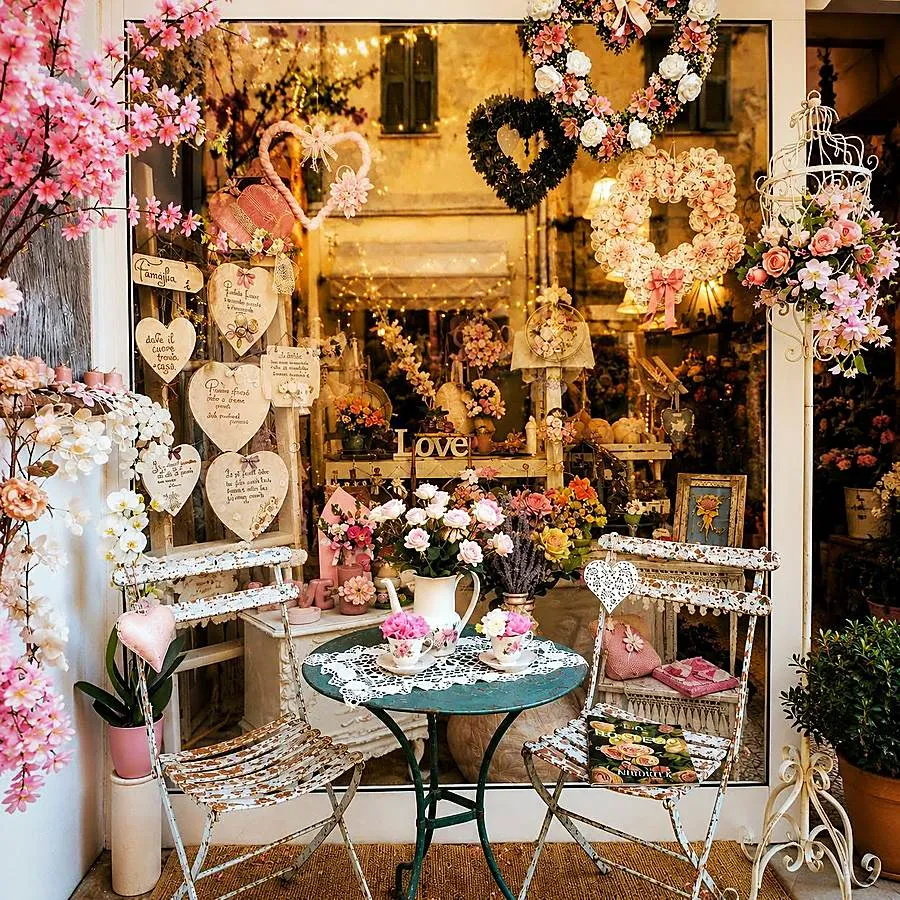 Vetrina della bottega decorata con cuori di fiori, tavolino con rose e sedie vintage